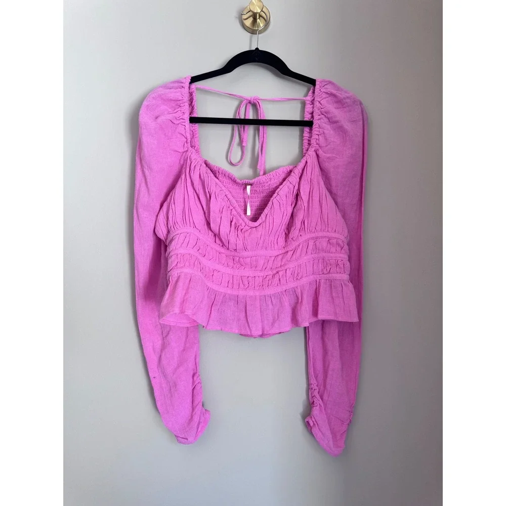 NWT Free People Chloe Blouse Aurora Pink Smocked Peplum Top Womens L
